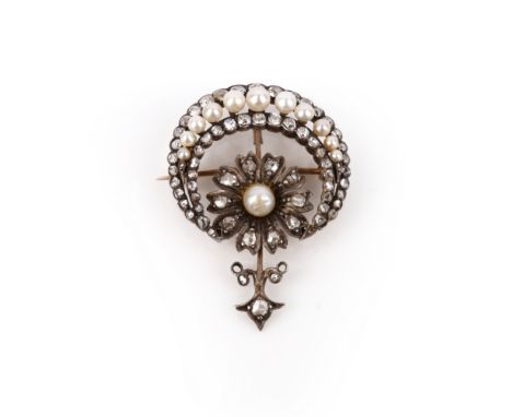 A late Victorian pearl and diamond crescent brooch, composite, the closed crescent set with with old cushion-shaped diamonds 