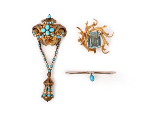 A gold and aquamarine brooch and two turquoise brooches, comprising: an 18ct gold and aquamarine brooch set with a step-cut a