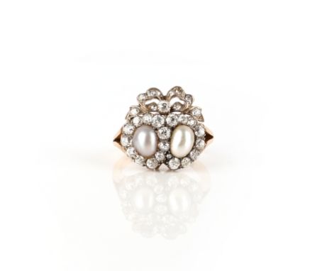 A pearl and diamond ring, 19th century, designed as a pair of hearts connected by a ribbon bow, set with circular-cut diamond