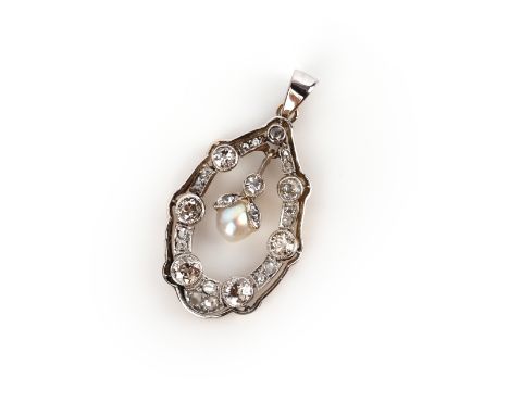 An Edwardian pearl and diamond pendant, the articulated pearl set within a lozenge-shaped diamond surround in platinum and go