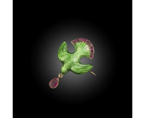 Child &amp; Child, an enamel and ruby 'Saint Esprit' brooch, circa 1900, the silver brooch modelled as a dove in flight, susp