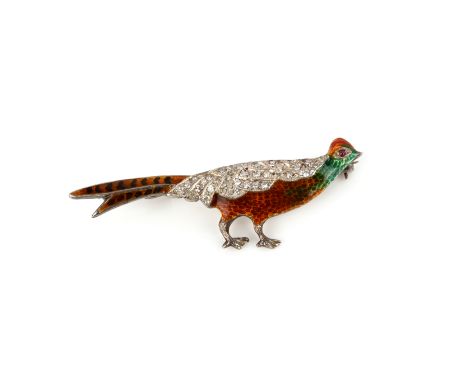 An enamel and diamond brooch, early 20th century, designed as a pheasant, its plumage applied with translucent green, black a