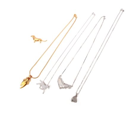 A group of four pendants and a brooch, comprising: a mother of pearl and diamond pendant in the shape of an island, pendant w
