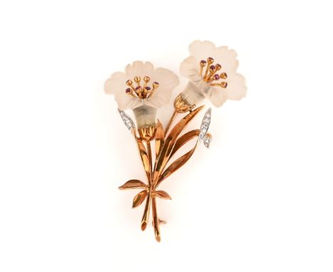 Cropp &amp; Farr, rock crystal and ruby flower brooch, circa 1954, the carved rock crystal flowers with ruby stamens, set in 
