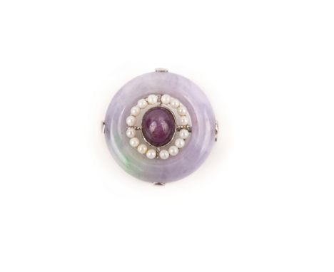 A lavender jadeite, star ruby and cultured pearl brooch, the cabochon star ruby within a border of seed pearls, to an outer r