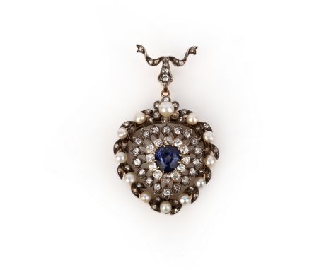 A Victorian pearl, sapphire and diamond locket pendant, late 19th century, of shield-shaped outline, centring on a pear-shape