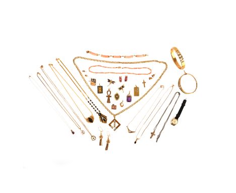 A mixed lot of jewellery, including a gold bangle, stamped 750, a long gold chain suspending a diamond-set pendant, and vario