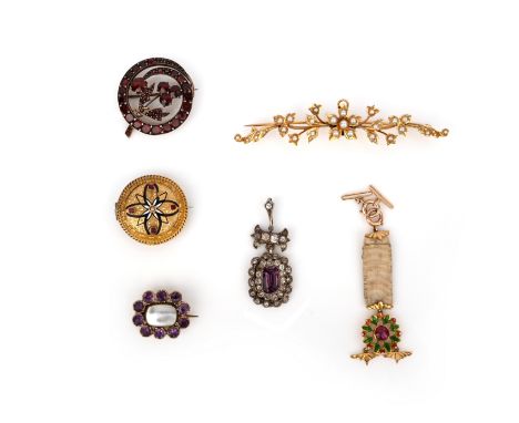 A group of jewels, 19th century, comprising: a foliate gold bar brooch set with seed pearls, stamped 15ct; an enamelled gold 