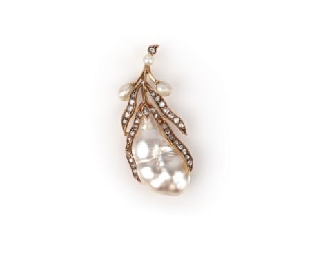 A Victorian pearl and diamond foliate pendant, the blister pearl set within rose-cut diamond (one missing) leaves and further