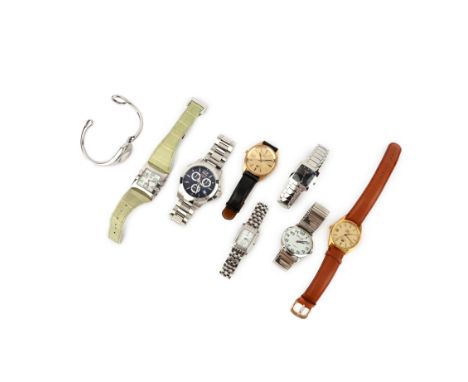 A group of eight wristwatches including one by Omega, comprising: five stainless steel watches by Longines; a stainless steel