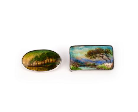 Attributed to Charles Fleetwood Varley (1874-1959), two silver and enamel brooches, early 20th century, one of rectangular ou