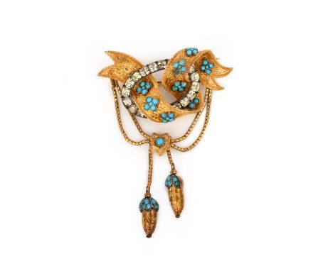 A fine gold, turquoise and chrysoberyl brooch, circa 1850, designed as an undulating gold ribbon engraved with floral scrolls