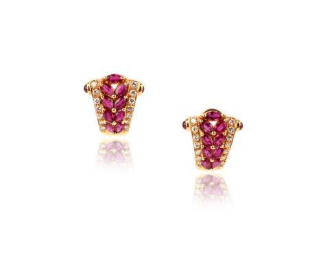 Mappin &amp; Webb, a pair of ruby and diamond ear clips, circa 1987, each of scroll design, set with cabochon and marquise-sh