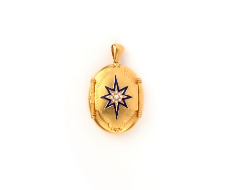 A Victorian seed pearl and enamel gold locket, decorated with a seed pearl starburst within blue enamel border with engine-tu