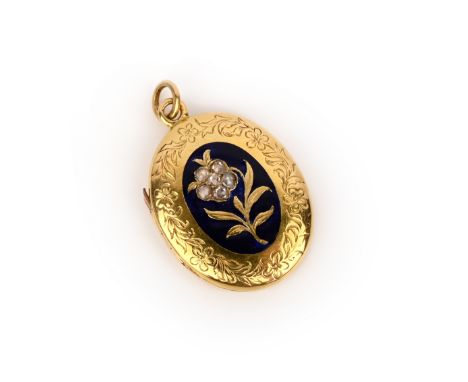 A gold, enamel and diamond locket pendant, mid 19th century, the oval gold locket with a design of a flower in reserve agains