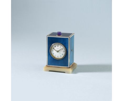 Cartier, a rare Belle Epoque amethyst, enamel, chalcedony and diamond minute repeat desk clock, circa 1910, the circular whit