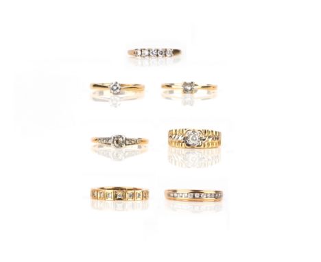 A group of six diamond rings, comprising: one diamond full eternity ring, size K, British hallmarks for 9ct gold; a brilliant