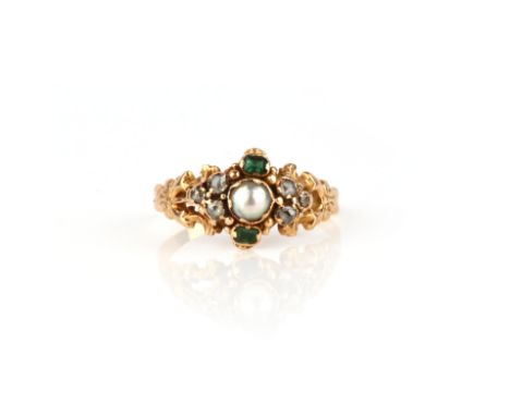 A pearl, emerald and diamond ring, mid 19th century, set with a half pearl, to a gold mount of scroll design set with step-cu