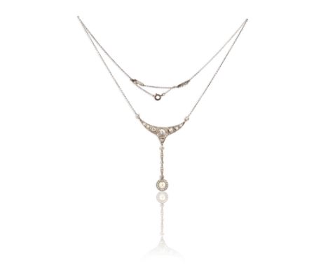 A pearl and diamond necklace, early 20th century, the front set with circular-cut and rose-cut diamonds, suspending a pearl a