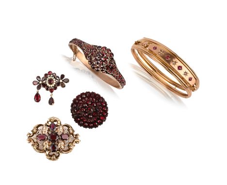 A group of Victorian garnet and ruby jewels, comprising: a 9ct gold bangle set with rubies and diamonds, 6cm inner diameter, 