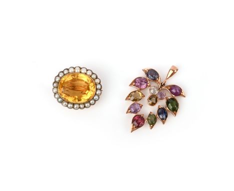 A citrine brooch and a multi-stone pendant, the brooch set with an oval citrine within a border of half seed pearls; the pend