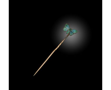 Child &amp; Child, an enamel stick pin, circa 1900, designed as a butterfly applied with blue and green basse taille enamel, 