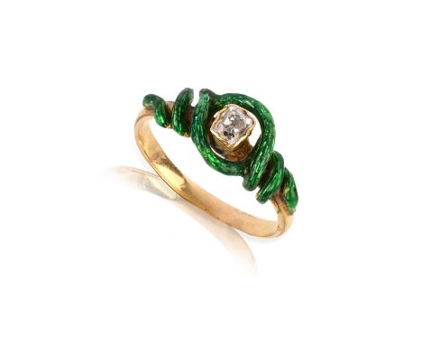 A late 19th century enamel and diamond ring, the cushions-shaped diamond is set within scrolling green enamel border in yello