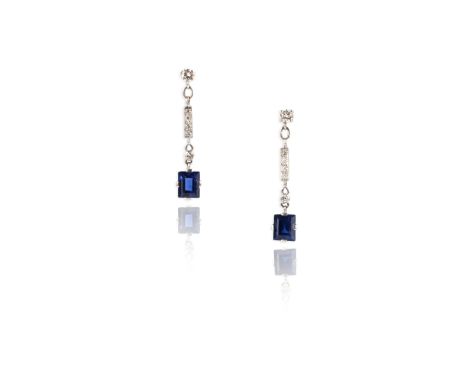 A pair of sapphire and diamond earrings, each of pendent design, suspending a step-cut sapphire from a line of brilliant- and