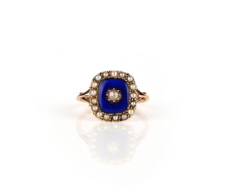 A George III enamel and seed pearl ring, late 18th century, designed as a rectangular plaque applied with blue basse taille e