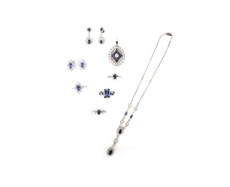 A collection of tanzanite, sapphire and diamond jewellery, comprising: a sapphire and diamond demi-parure of earrings and nec