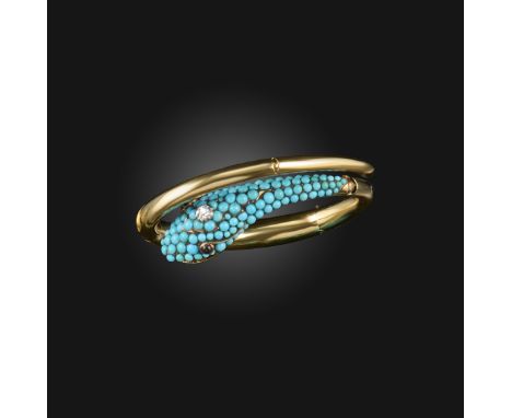A turquoise garnet and diamond bangle, mid 19th century, of hinged construction, designed as a coiled snake, its head pavé-se