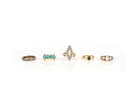 5 rings, including an opal and diamond navette-shaped cluster ring, set in platinum and gold, size N, with a turquoise-set go