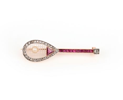An early 20th century gem-set tennis racket brooch, set with carved rock crystal, diamonds, rubies and a pearl tennis ball in