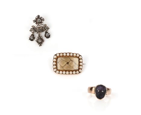 A mixed group of three items, including a George III seed pearl locket, containing plaited hair within seed pearl border in c