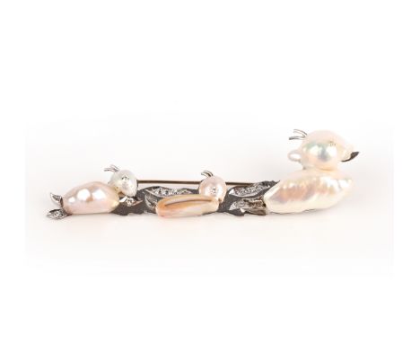 Geoff Rowlandson, a cultured pearl and diamond brooch, 'Keep Up, You Guys', set with three graduated baroque cultured pearls 