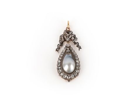 A late 19th century pearl and diamond pendant, the drop-shaped pearl set within a surround of old circular-cut diamonds benea