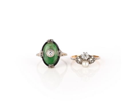 Two rings, cira 1920, comprising: an Art Deco jadeite, black enamel and diamond ring, size N; and a pearl and diamond ring, s