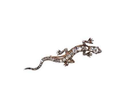 A diamond and ruby brooch, late 19th century, designed as a salamander, set with cushion-shaped and rose-cut diamonds, the ey