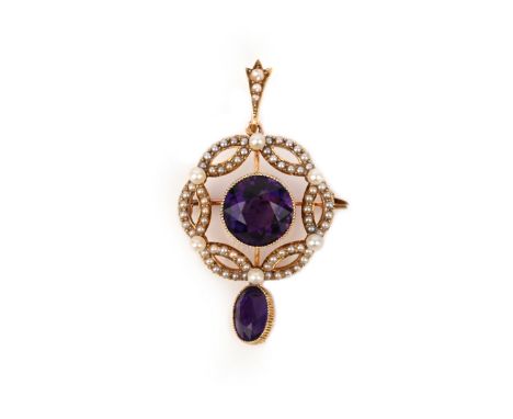 An Edwardian amethyst and seed pearl brooch pendant, the circular amethyst set within a seed pearl intertwining surround and 