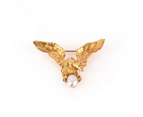 A late 19th century French gold eagle brooch by Gaston Lafitte, the realistically designed bird suspending an untested pearl 
