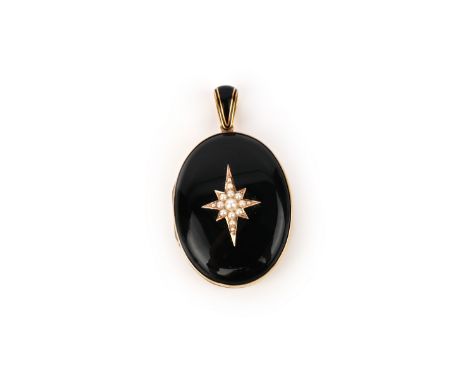 A Victorian gold mourning locket, set with a seed pearl star on black enamel ground, glazed locket compartment to interior, b