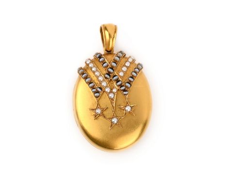 A gold, half-seed pearl and onyx locket, mid 19th century, the oval locket of hinged design, decorated with crossed bands and