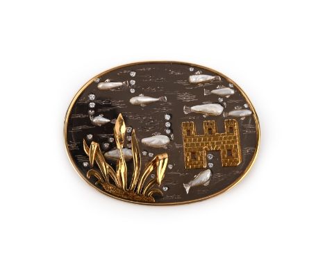 Geoff Rowlandson, gold, cultured pearl and diamond brooch, 'In the Swim', of oval outline, designed as a shoal of fish swimmi