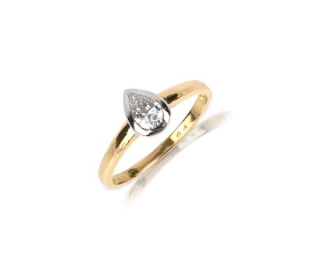 A diamond solitaire ring, collet-set with a pear-shaped diamond, to an 18ct yellow gold band, size P1/2, British hallmarks