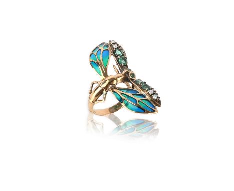 A gem-set and enamel dragonfly ring, set with emeralds, diamonds, seed pearls and plique-a-jour enamel in yellow gold, size O