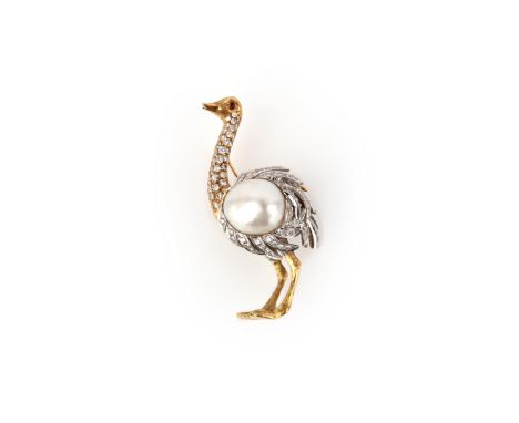 E Wolfe &amp; Co, a diamond and cultured pearl-set Ostrich brooch, the stylised bird with a cultured pearl body, set overall 