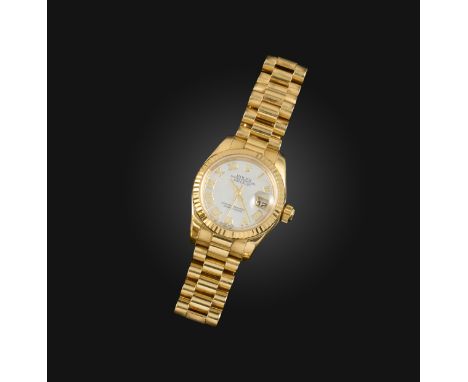 Rolex, a lady's gold DateJust wristwatch, signed mother of pearl dial with Roman numerals and date aperture, sweep seconds ha