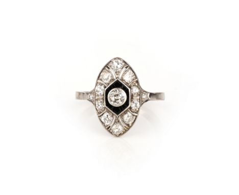 An Art Deco onyx and diamond ring, 1920s, of navette outline, the pierced mount set with a circular-cut diamonds within a car
