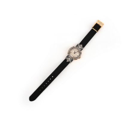 An Art Deco enamel and diamond wristwatch, circa 1920, the circular silvered dial with black indicators and blued steel hands