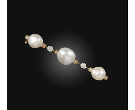 A natural pearl and diamond bar brooch, early 20th century, constructed from gold knife wire, set with three pearls, the larg